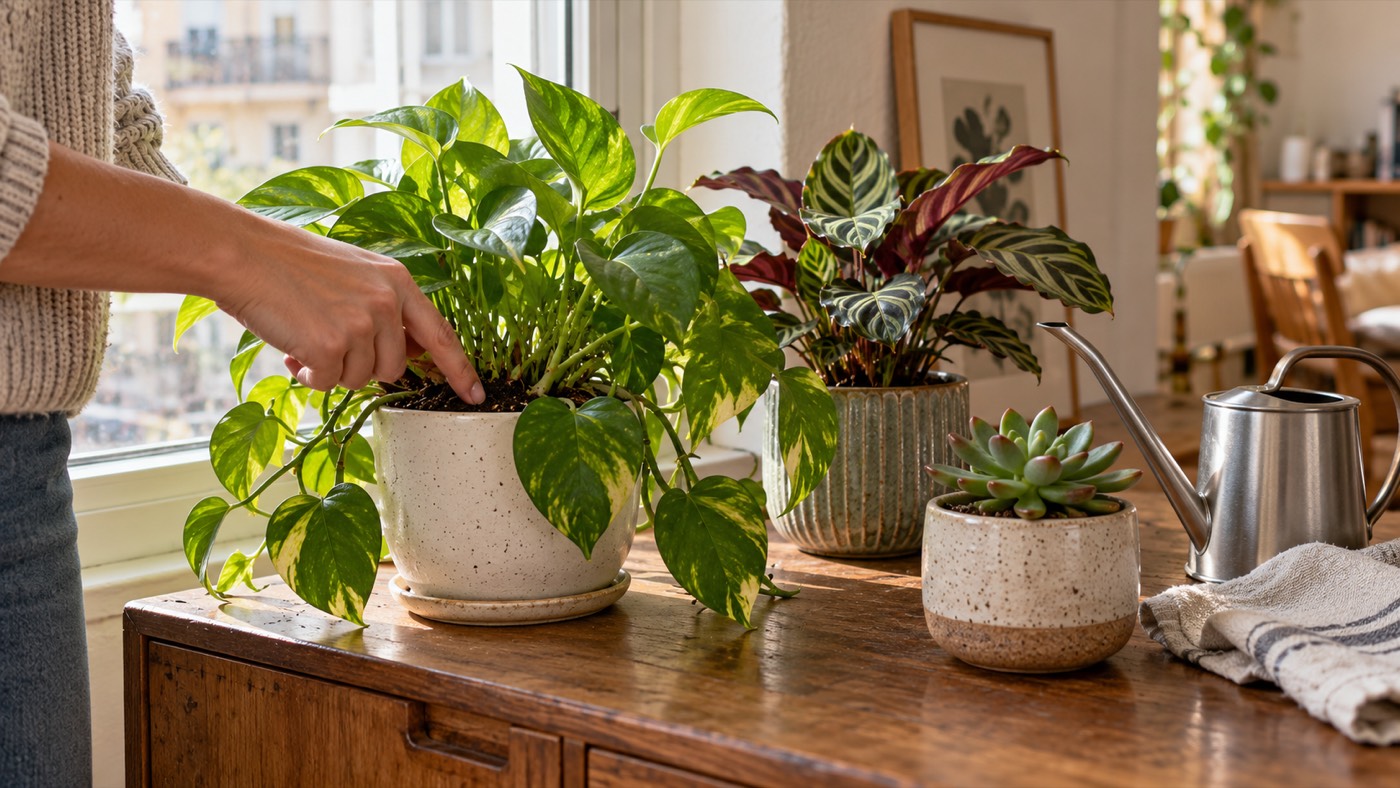 Una mano comprueba el sustrato de un poto junto a otras plantas de interior y una regadera.