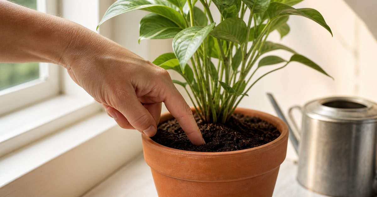 Un dedo comprobando la humedad de la tierra de una planta en maceta