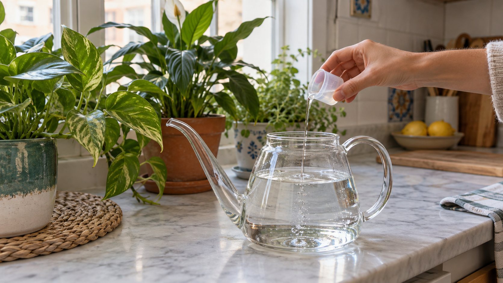 Una mano diluye una pequeña medida de abono líquido en una regadera con agua junto a plantas de interior