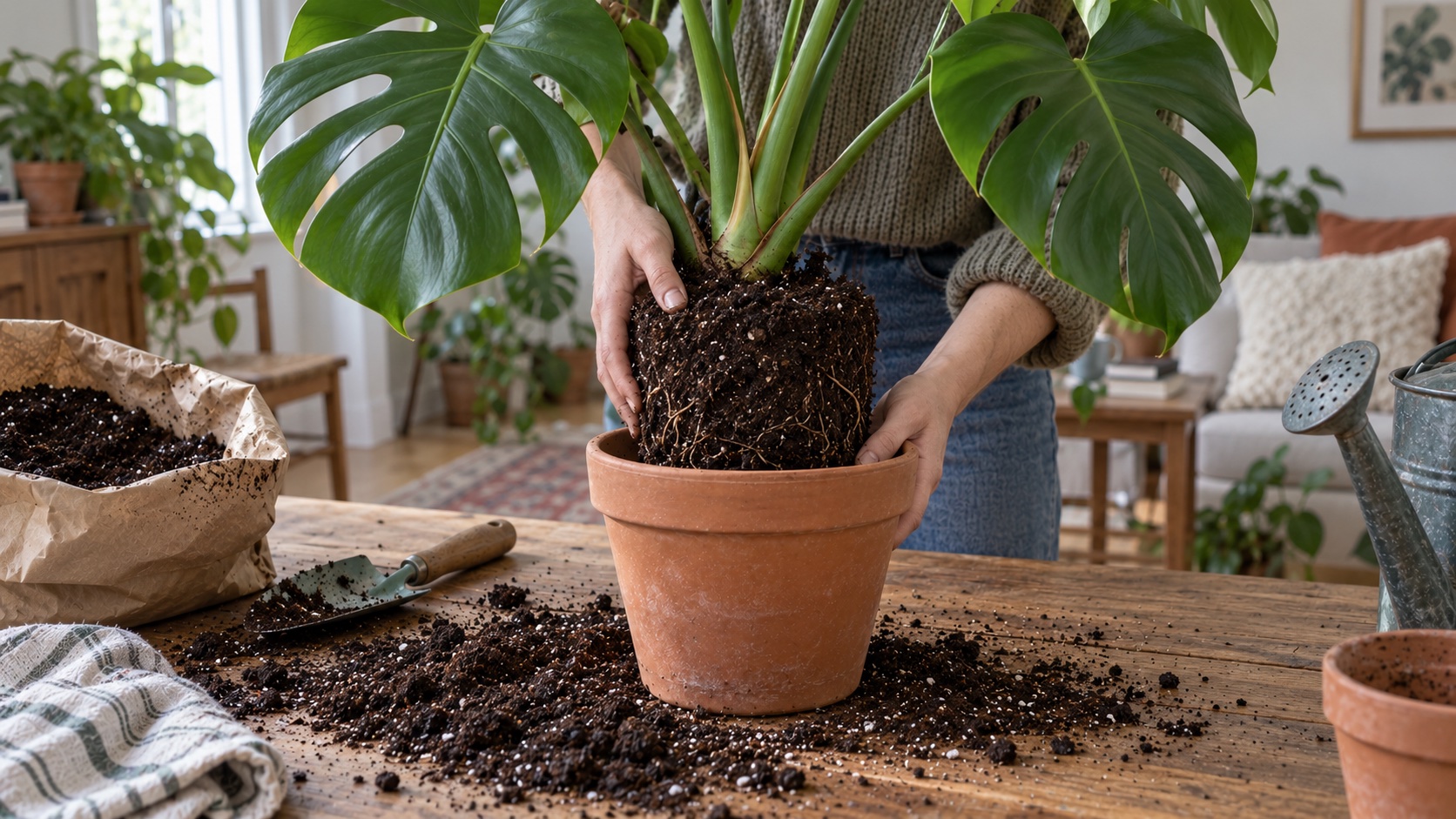 Manos colocando una monstera con su cepellón en una maceta de barro ligeramente mayor