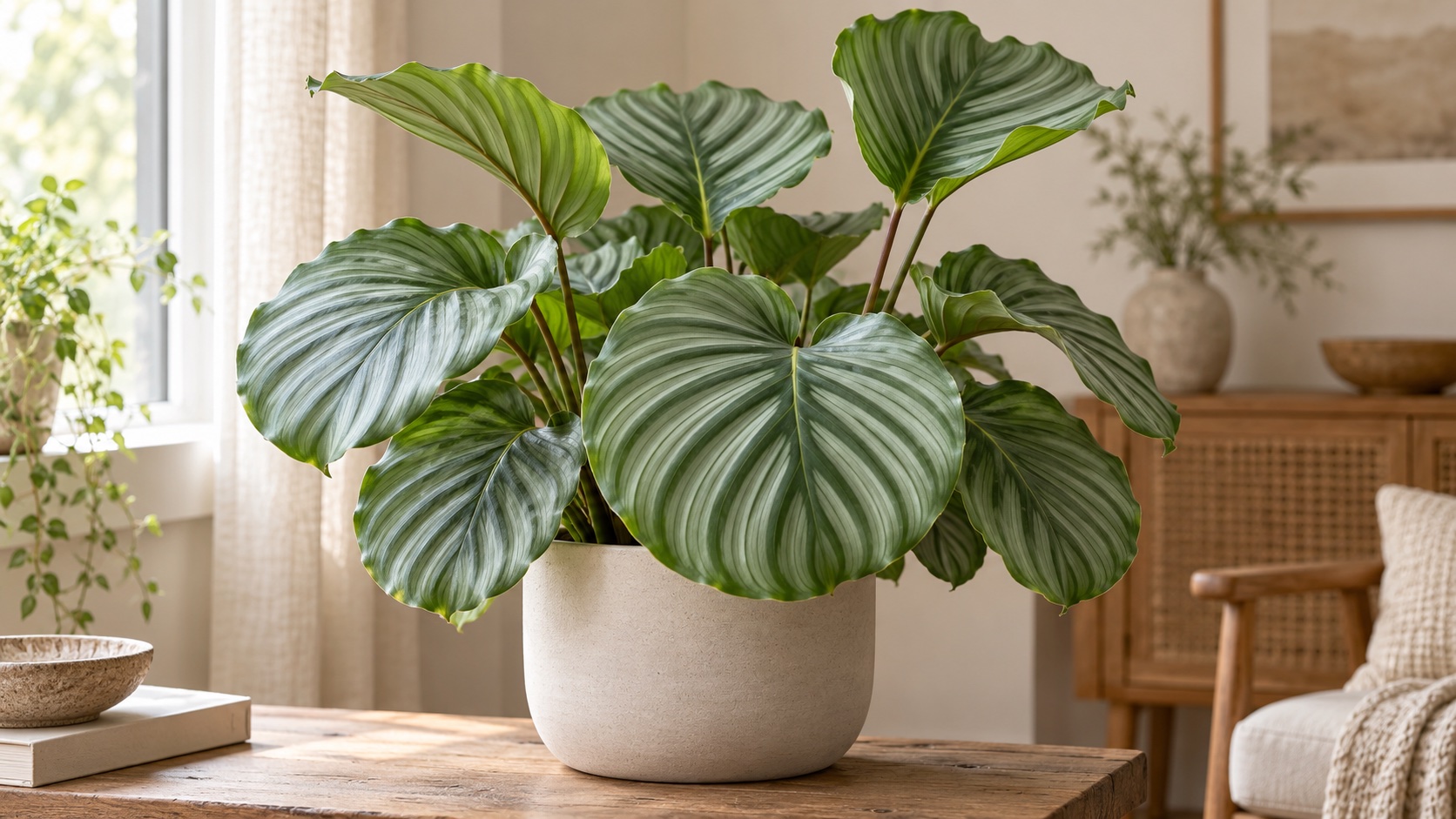 Calathea orbifolia con hojas rayadas y algunas elevadas junto a una ventana de luz suave