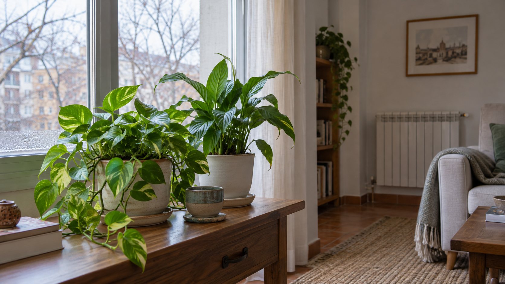 Plantas de interior junto a una ventana luminosa, separadas del radiador durante el invierno