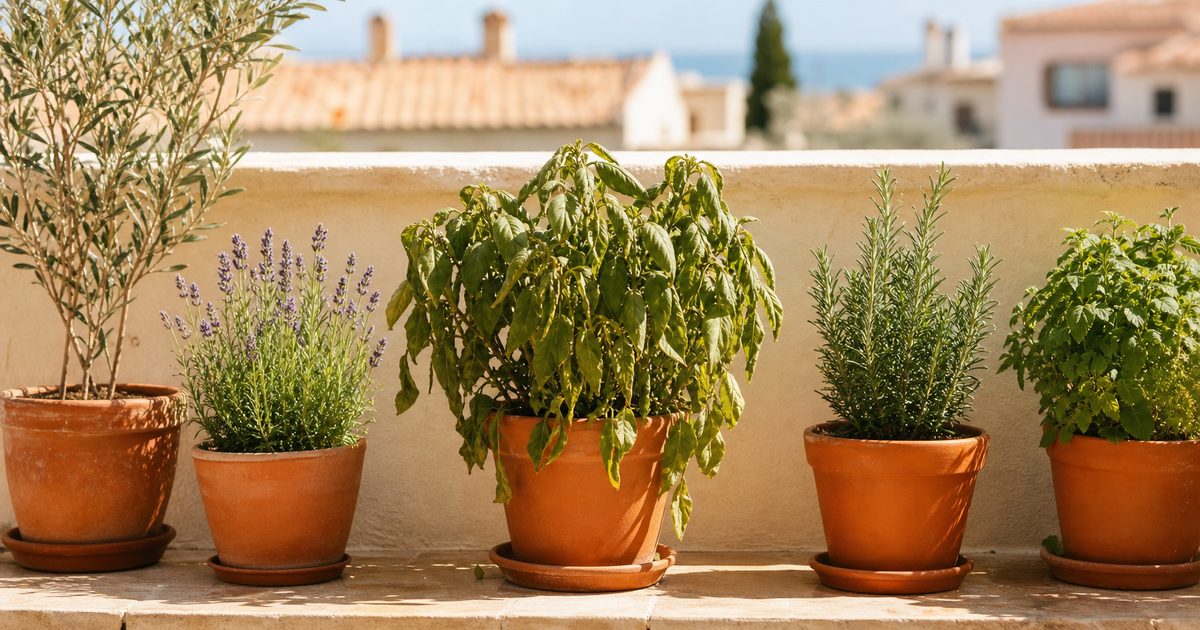 Macetas en un balcón mediterráneo al sol de verano, con una planta mustia por el calor