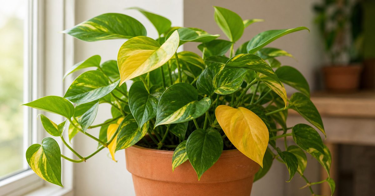 Planta de interior con varias hojas amarillas entre las verdes junto a una ventana