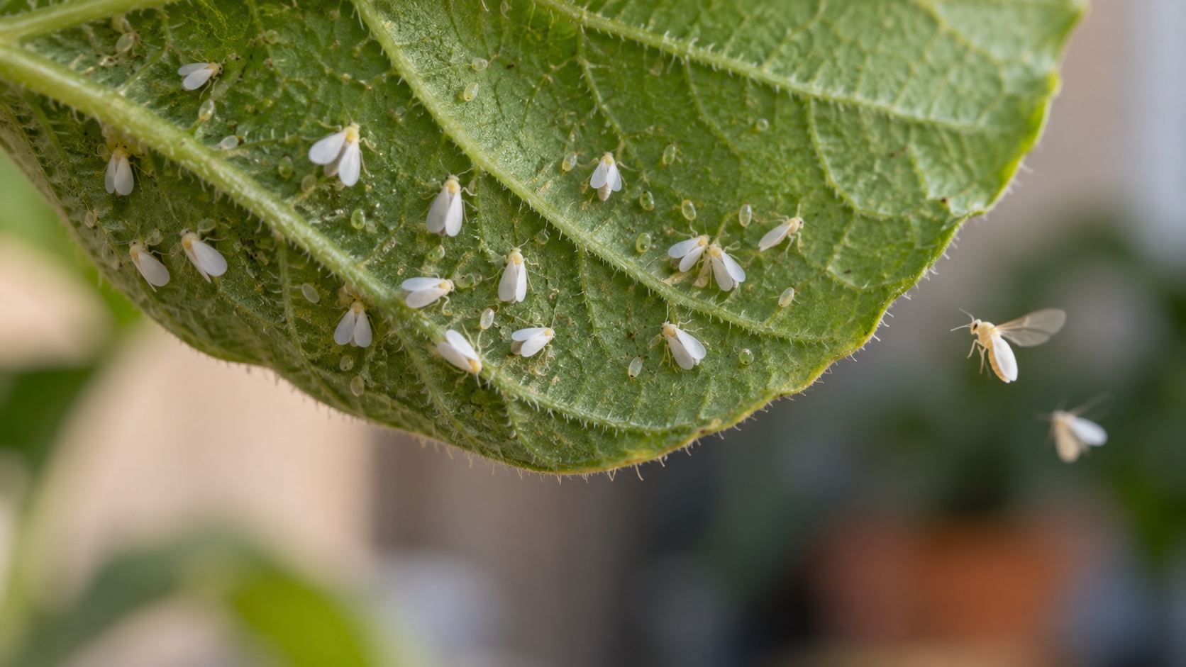 Imagen ilustrativa de pequeños insectos blancos en el envés de una hoja verde