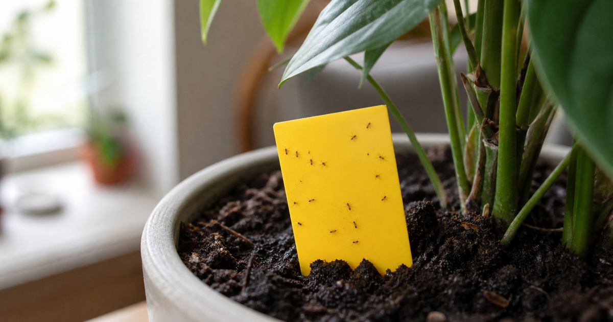 Mosquitos diminutos volando sobre la tierra húmeda de una maceta de interior