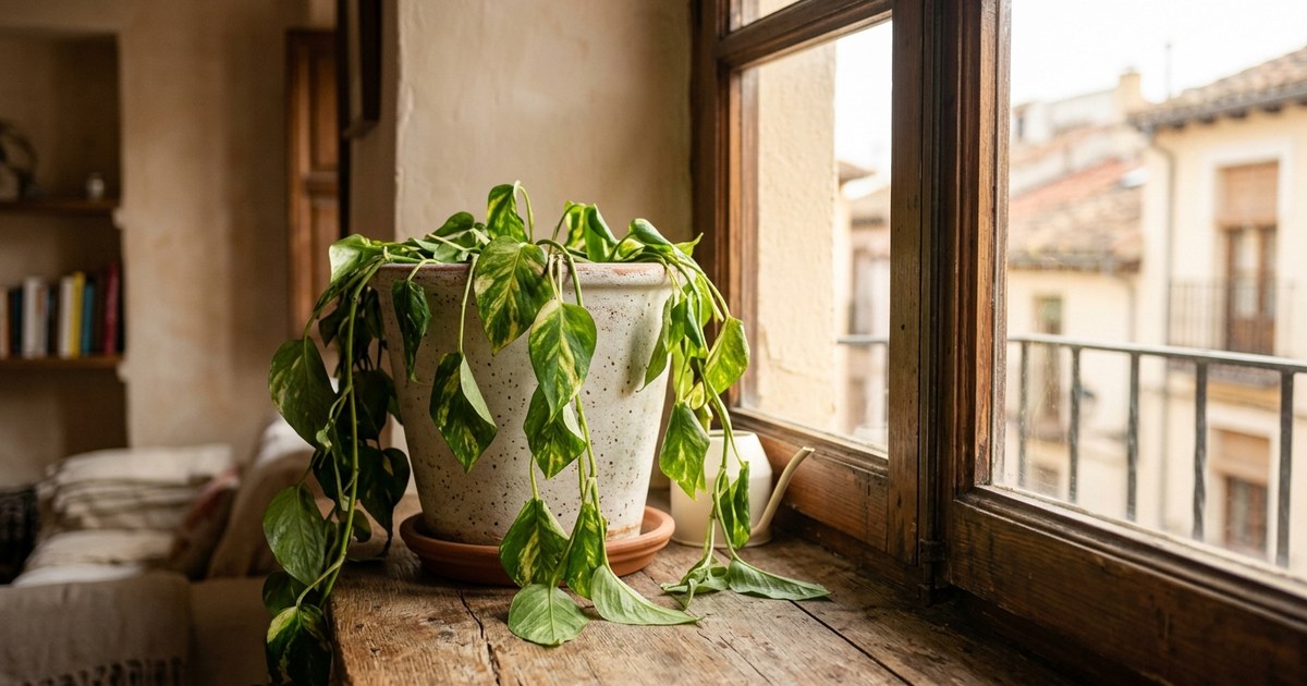 Planta de interior mustia con las hojas caídas junto a una ventana