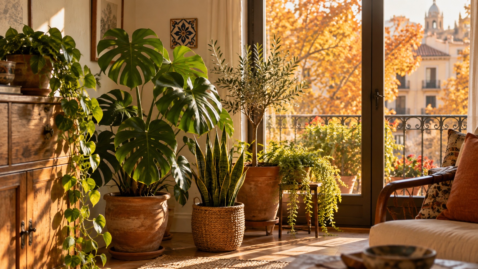 Plantas de interior junto a una ventana con luz cálida de otoño