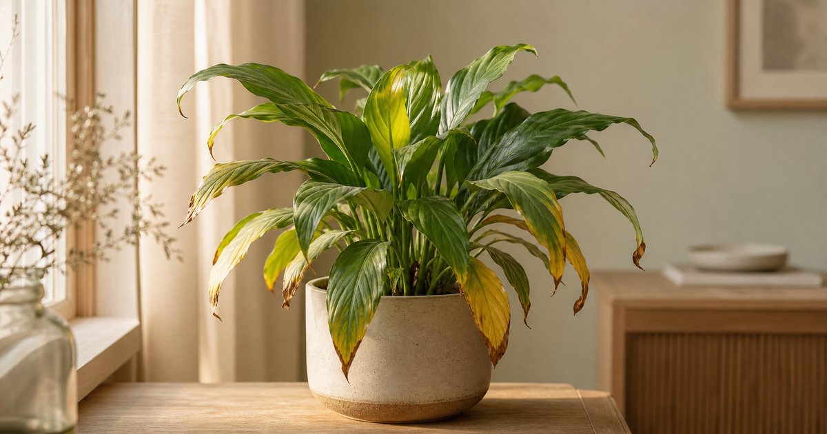 Planta de interior junto a una ventana con algunas hojas amarillas y puntas marrones entre el follaje verde
