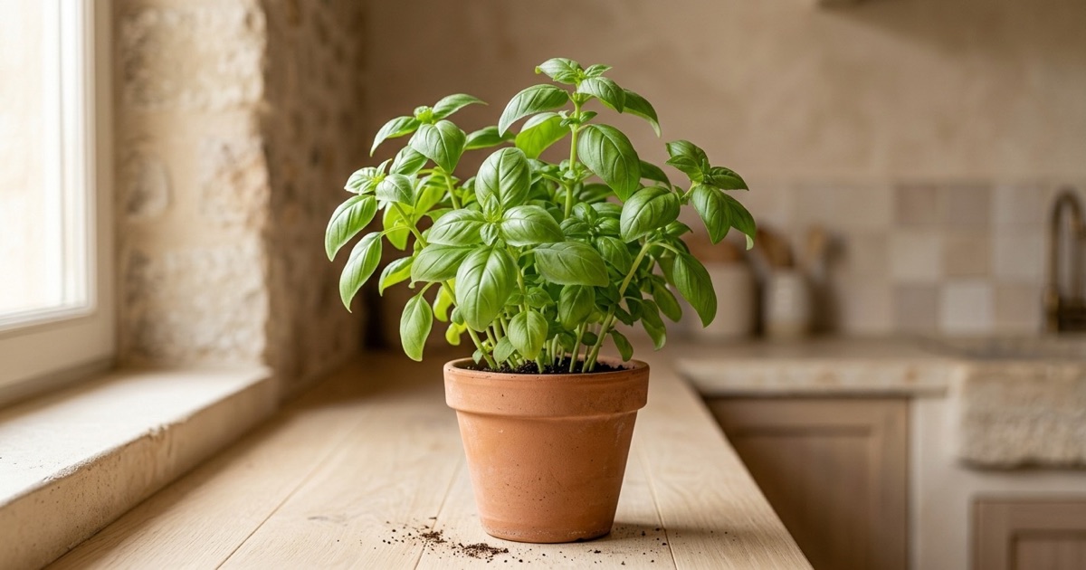 Albahaca frondosa cultivada en una maceta de terracota junto a una ventana luminosa