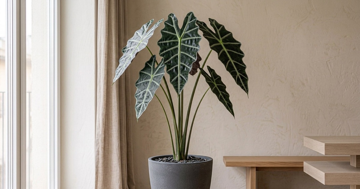 Alocasia amazonica de hojas oscuras con nervaduras claras en un interior luminoso