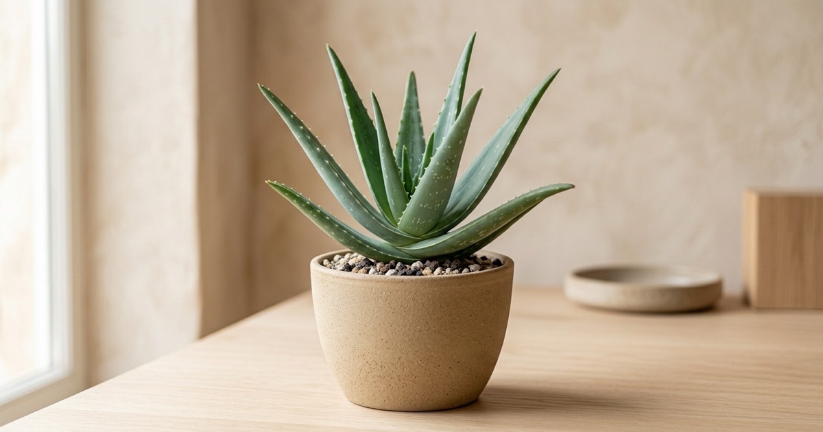 Aloe vera adulto en una maceta mineral junto a una ventana con luz natural