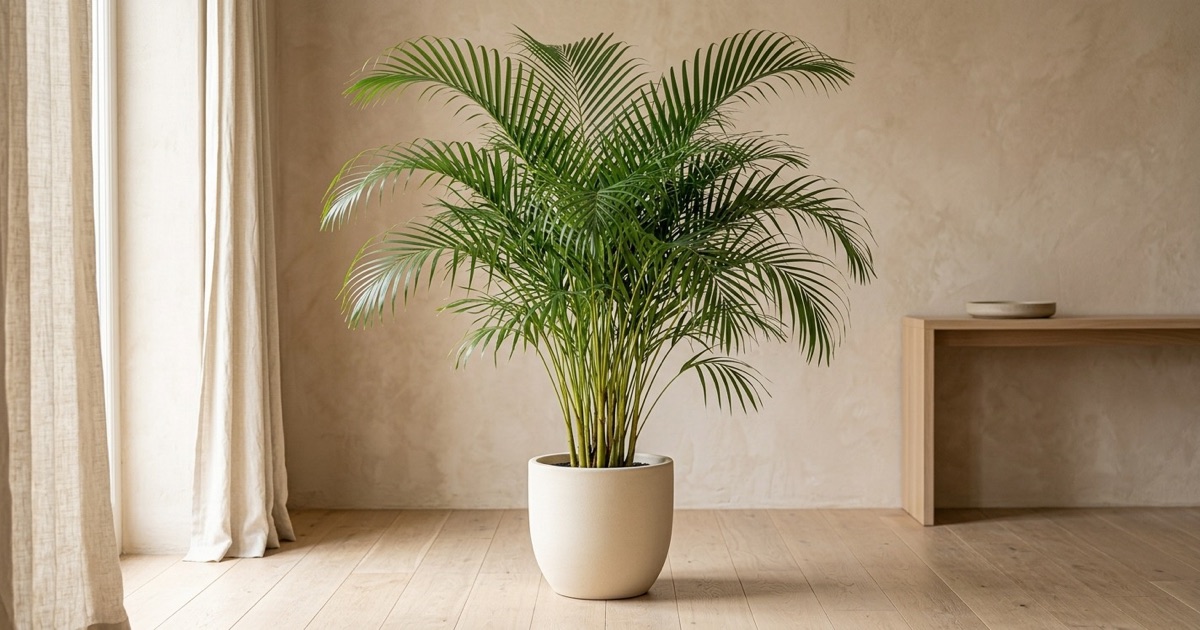 Palmera areca frondosa con varios tallos en un salón de tonos cálidos