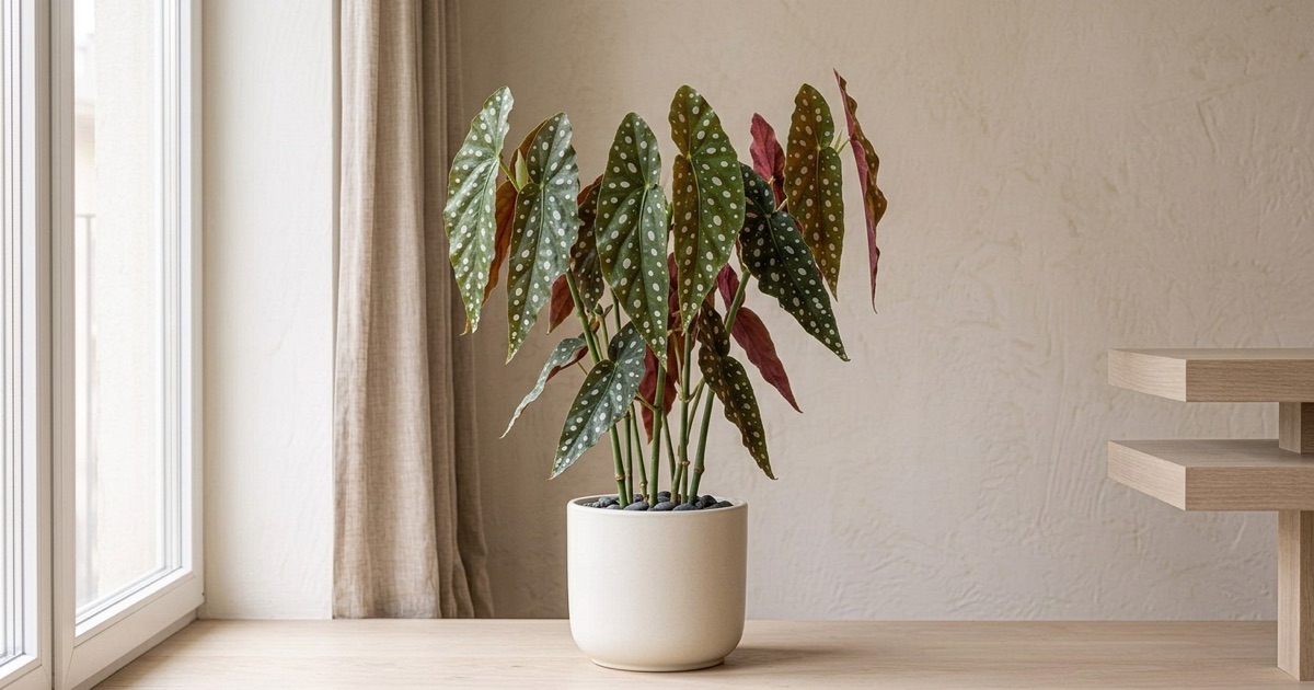 Begonia maculata con hojas verdes de lunares blancos y reverso rojizo junto a una ventana