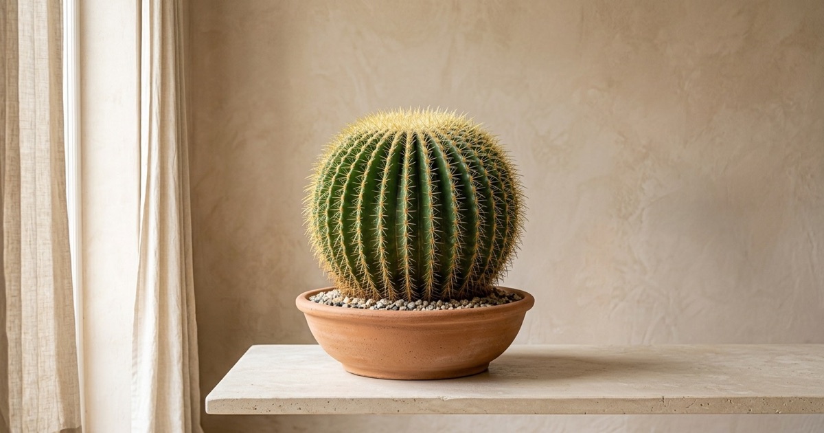 Cactus bola de oro de forma redondeada en una maceta de terracota junto a una ventana