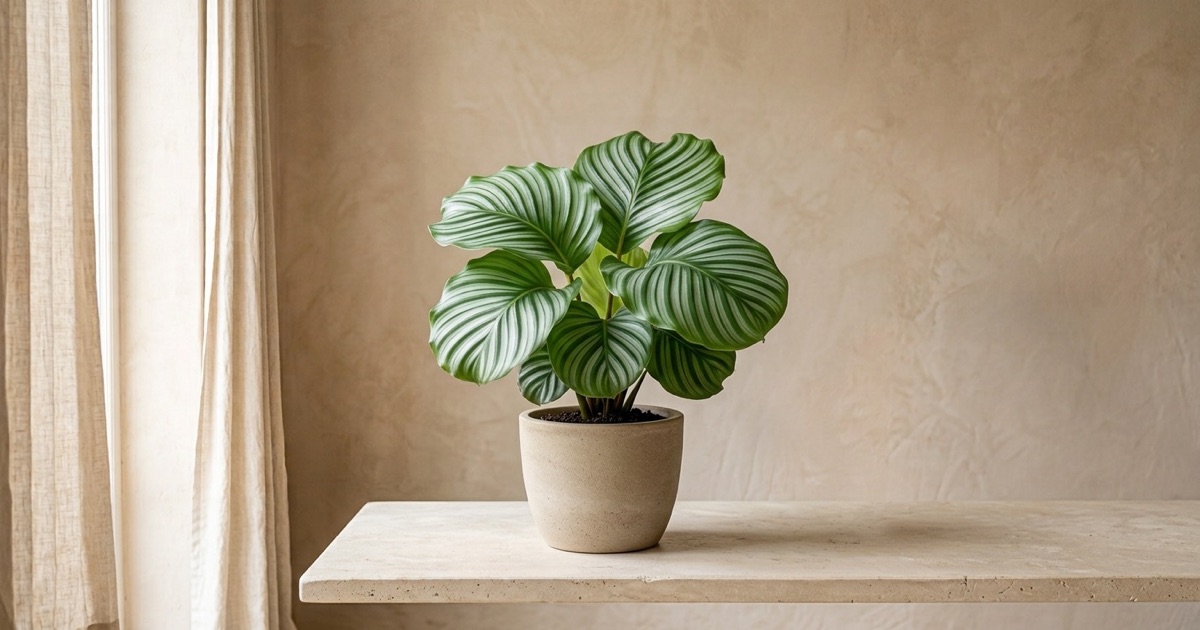 Calathea orbifolia de hojas redondas con franjas plateadas en una maceta clara