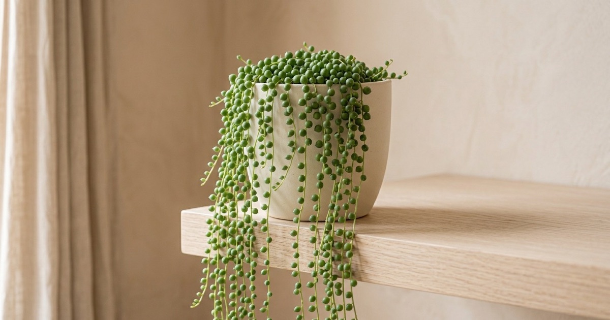 Collar de perlas con largos tallos de hojas esféricas colgando desde una balda de madera