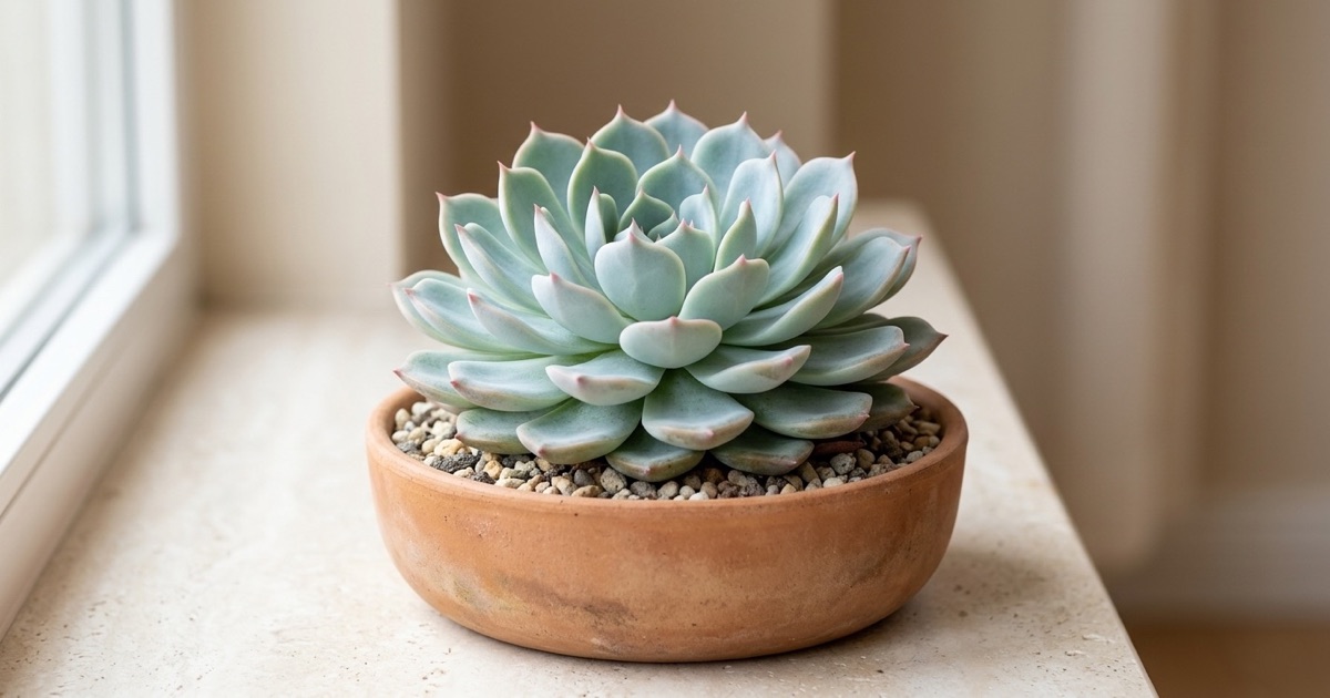 Echeveria elegans compacta de hojas azuladas en una maceta de terracota