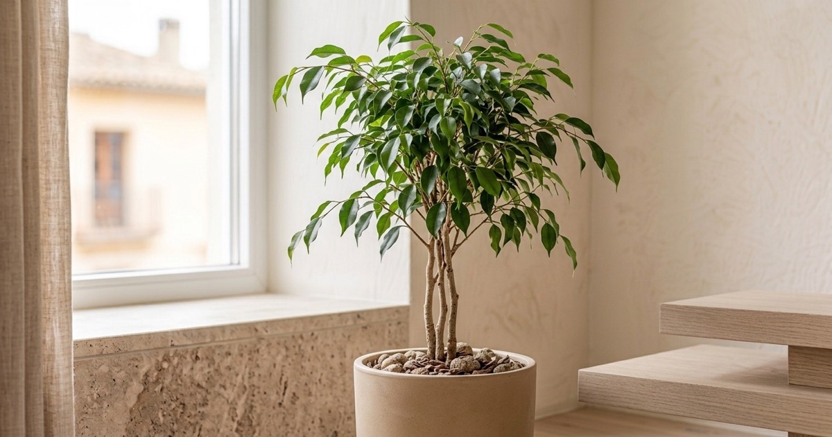 Ficus benjamina frondoso de troncos naturales en una maceta junto a una ventana luminosa