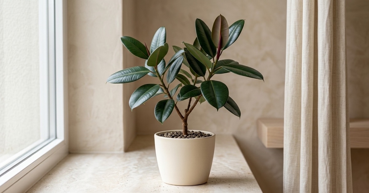 Ficus elastica de hojas oscuras y brillantes en una maceta clara junto a una ventana