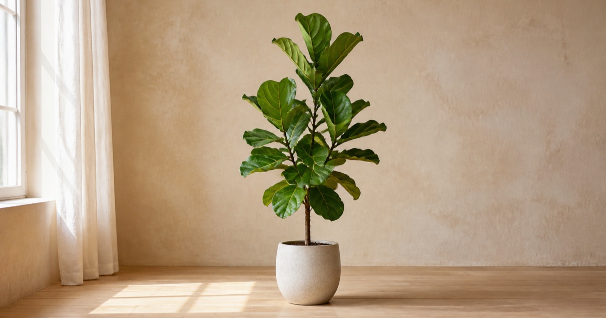 Ficus lyrata adulto con grandes hojas en forma de violín en un interior luminoso