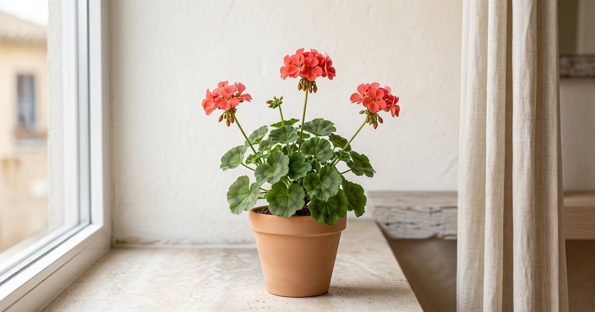 Geranio de flores coral en una maceta de terracota situada junto a una ventana soleada
