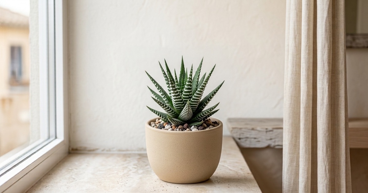 Haworthia cebra compacta con bandas blancas en una pequeña maceta junto a una ventana