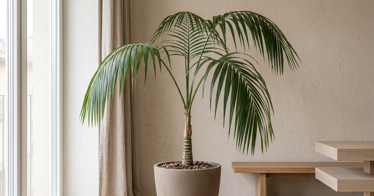 Palmera kentia adulta con frondes arqueadas en una maceta junto a una ventana