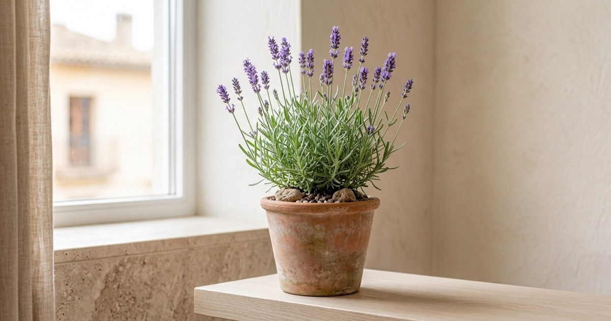 Lavanda en flor cultivada en una maceta de terracota junto a una ventana soleada