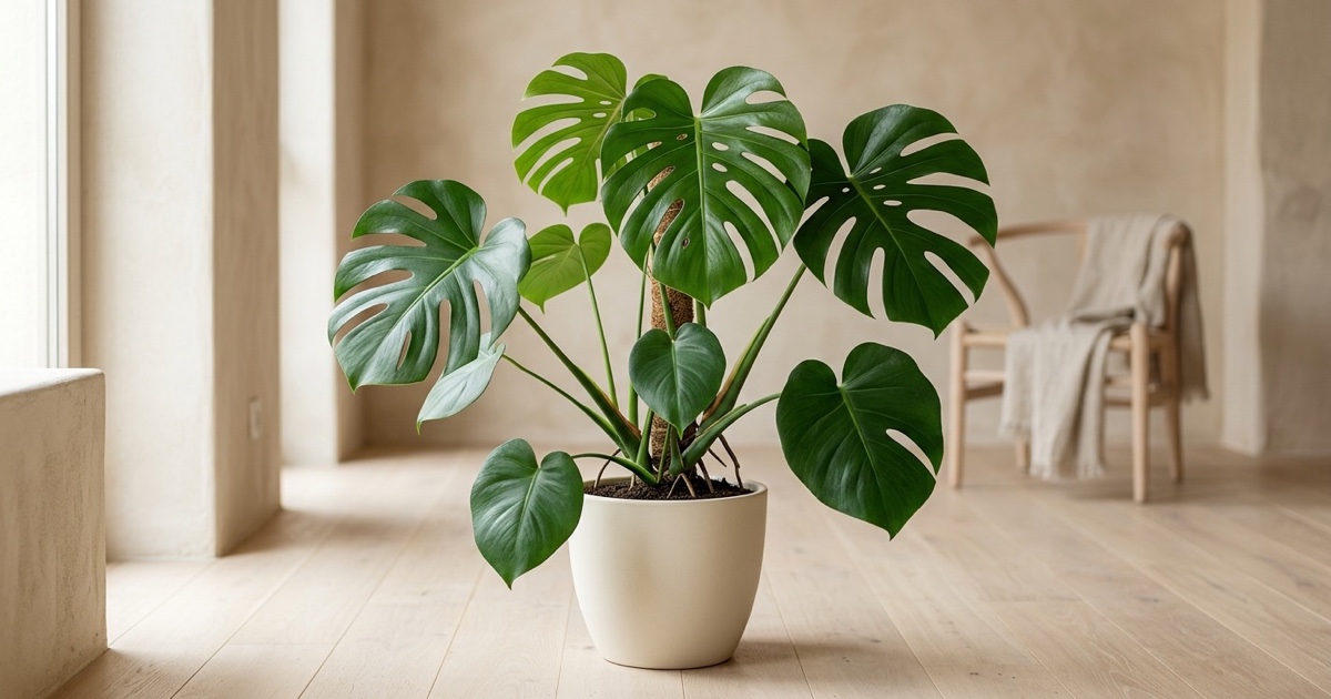 Monstera deliciosa adulta con hojas grandes y fenestradas en una habitación luminosa