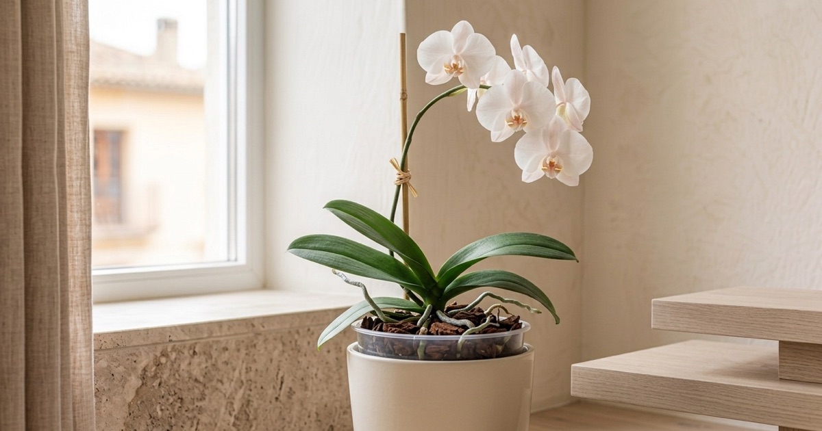 Orquídea Phalaenopsis blanca con raíces visibles en corteza junto a una ventana luminosa