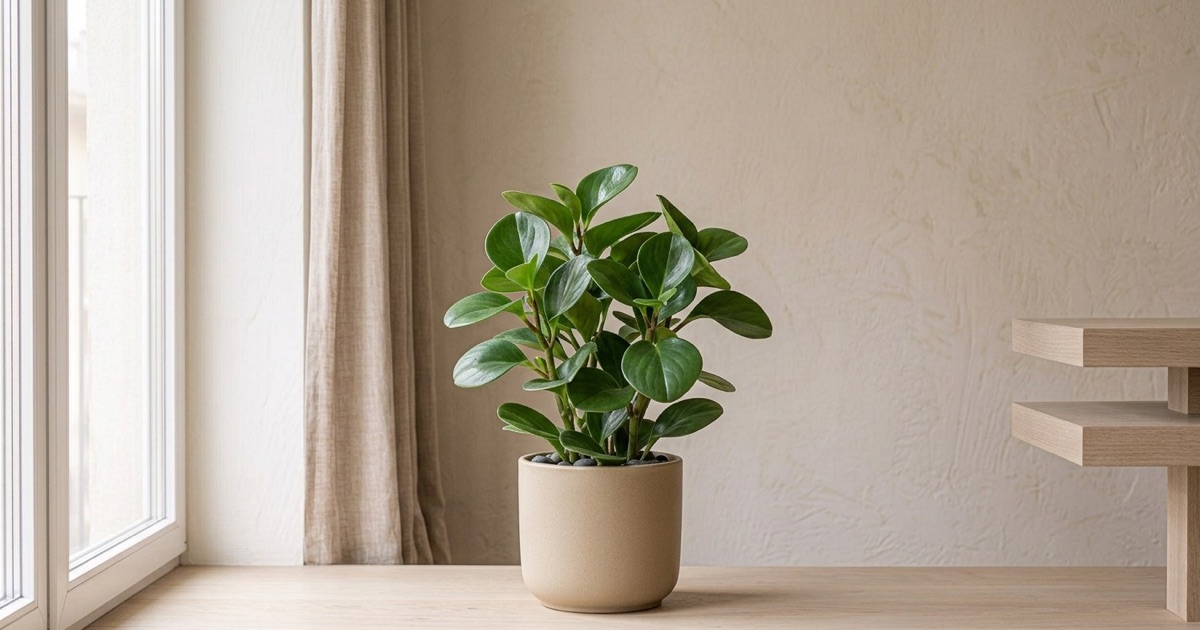 Peperomia obtusifolia compacta de hojas redondas y brillantes en una maceta clara