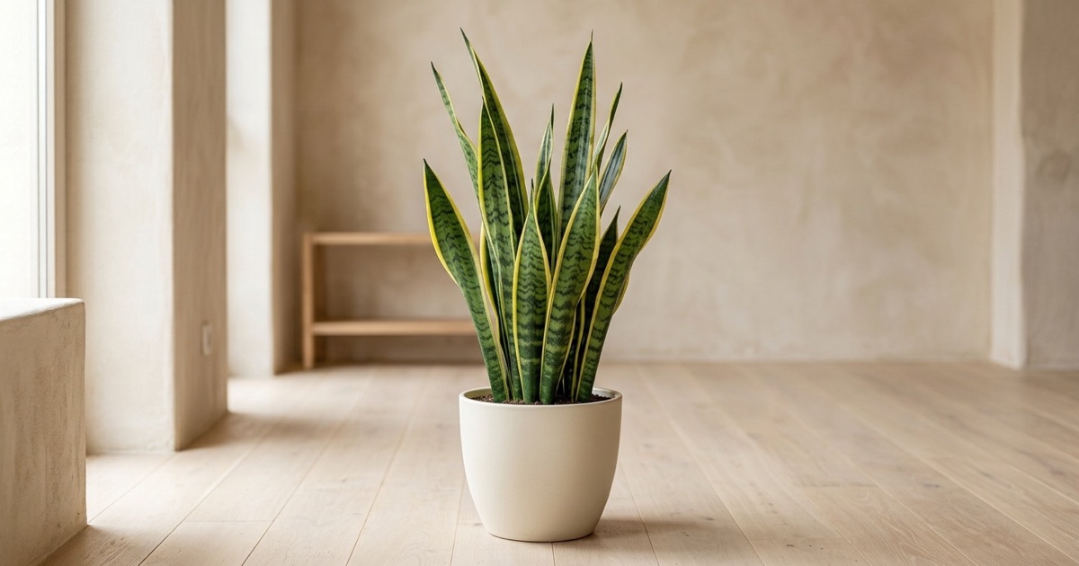 Sansevieria adulta de hojas verticales verdes con bordes amarillos en un interior luminoso