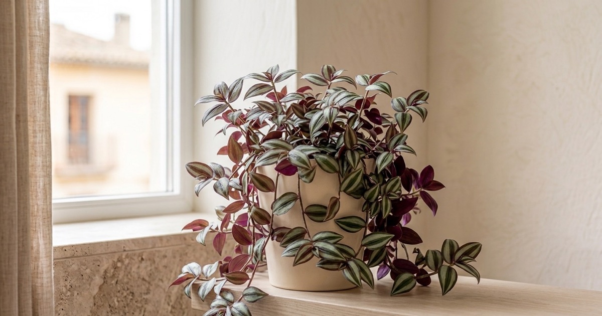 Tradescantia zebrina frondosa con hojas verdes plateadas y moradas en una maceta colgante