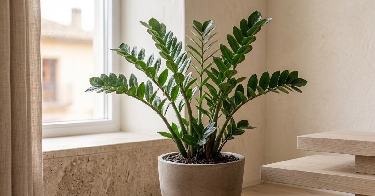 Zamioculcas zamiifolia frondosa en una maceta de cerámica junto a una ventana luminosa